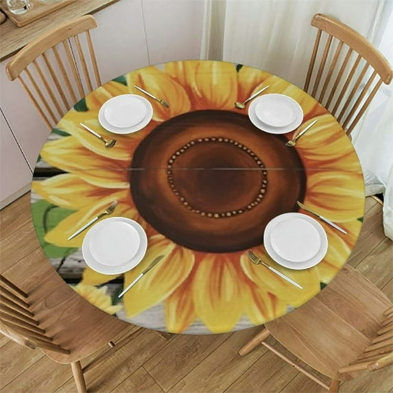 Awypu Sunflower On Board Rustic Yellow Summer Fall Live Laugh Love Round Fitted Table Cover Elastic Edge Circle Tablecloth for Outdoor Dining Party Holiday Fits Table Diameter White