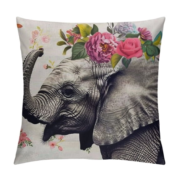Awypu Throw Pillow Covers Animal Elephant Head with Watercolor Flower Wreath Square Standard Home Decorative Pillow Cases Cushion Cover 24x24in