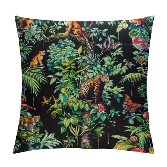 Awypu Throw Pillow Cushion Cover - Green Jungle Pattern Animals Duplex Printing Fabric Luxury American Style Couch Sofa Pillow with Tassel for Living Room Bedroom 20x20in