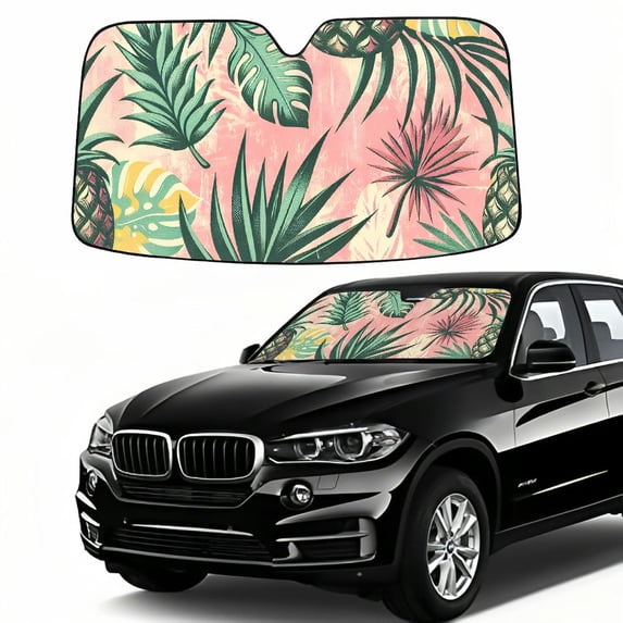 Awypu Tropical Leaves Hibiscus Flower Pineapple Car Sun Shade Windshield Protector 51.18*27.59 in