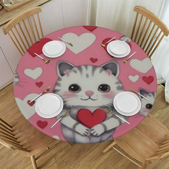 Awypu Valentine's Day Cat Tablecloth Round Washable,Cute Kitty Heart Circular Polyester Table Cloths Cover Lace Tablecloth for Kitchen Dinning Tabletop Decoration White