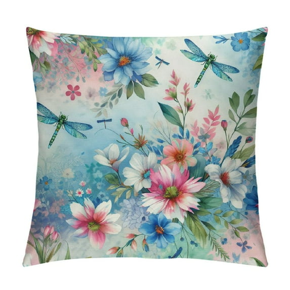 Awypu Watercolor Flowers Dragonfly Farmhouse Pillow Cover Decorative Square Throw Pillow Cover for Sofa Couch Decoration 20x20in