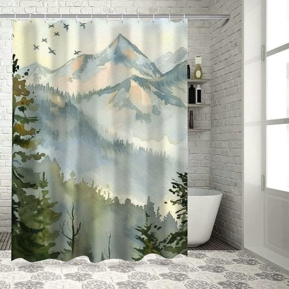 Awypu Watercolor Mountain Landscape Waterproof Shower Curtain, Durable and Washable, Multiple Sizes Available White