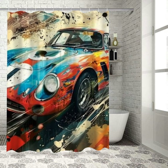 Awypu Waterproof Shower Curtain for Bathroom Decor Colorful Racing Car Watercolor White
