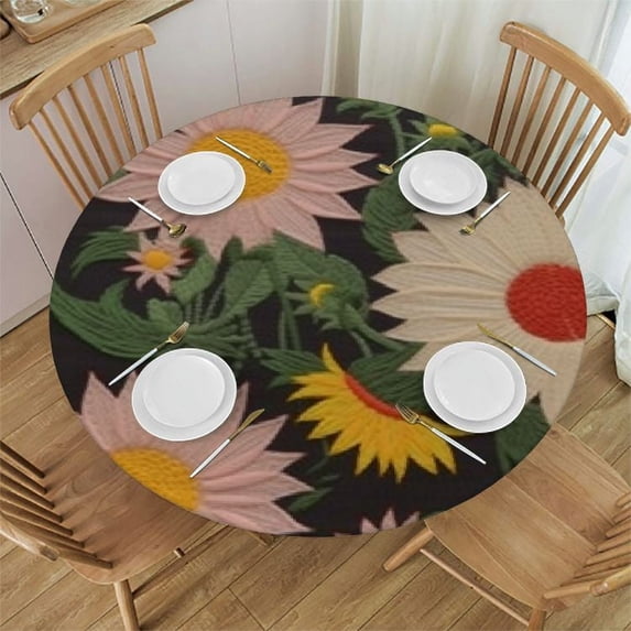Awypu White Daisy Sunflower Round Tablecloth with Elastic Edged Leaves Flowers Fitted Table Cloths Cover Mat Washable Polyester Spill Proof Table Covers for Indoor outdoor Dinning Patio Table White