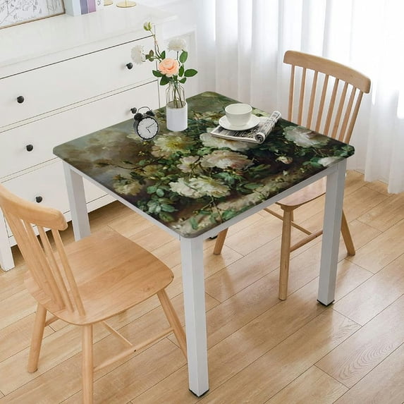 Awypu White Flower Framed Vintage Floral Square Tablecloth Waterproof Resistant Fabric 100% Polyester Fiber 36*36