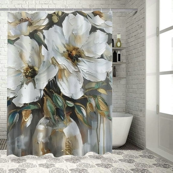Awypu White Lily Abstract Flower Print Waterproof Shower Curtain - Chic Modern Bathroom Decor White
