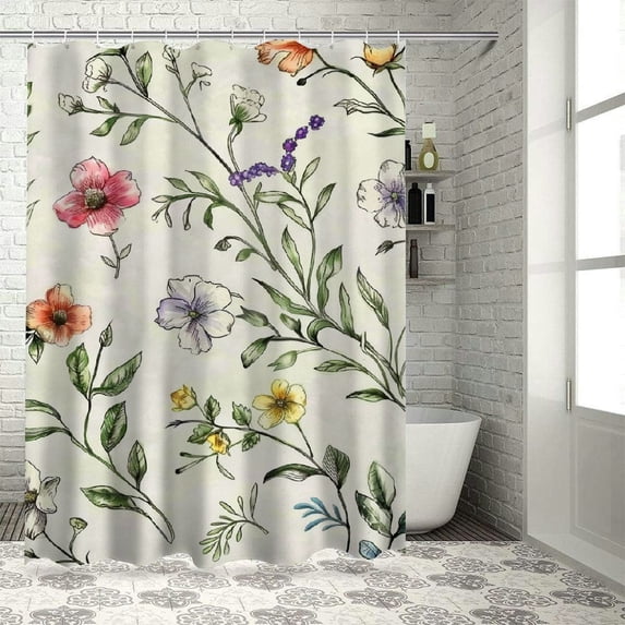 Awypu Wildflowers Botanical Floral Printed Waterproof Bathroom Shower Curtain Set with Hooks White