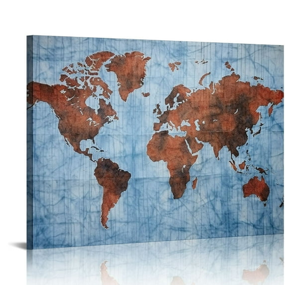 Awypu  World Map Wall Art Poster Hand Painted On Canvas Modern Abstract Large Painting Pictures Framed With Blue Color For Office Decor