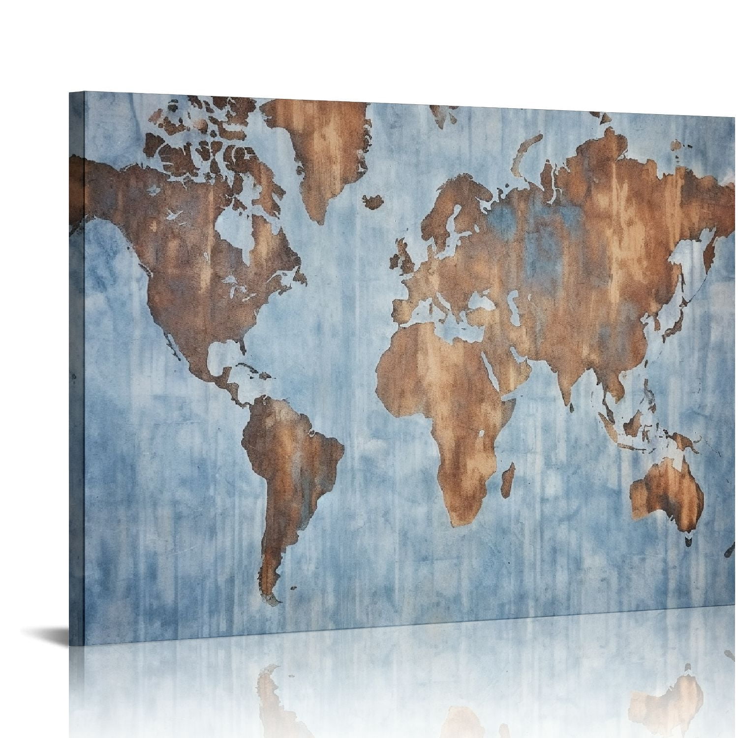 Awypu  World Map Wall Art Poster On Canvas Modern Abstract Large Painting Pictures Framed With Blue Color For Office Decor