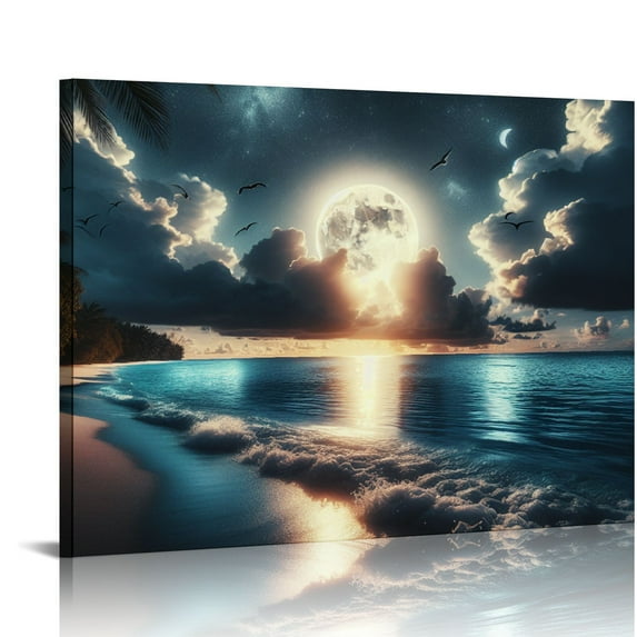 Awypu large Moon Ocean Wall Art Seascape Painting Sea Pictures Canvas Wave Blue Beach Artwork for Wall Landscape Poster Prints Palm Wall Decor Bedroom Living Room Decor Framed