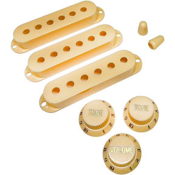 AxLabs Pickup Covers, Knobs, & Switch Tips Set for Strat-Style Guitars - Aged White / Cream, Modern (52mm / 50mm / 48mm) Gold Font