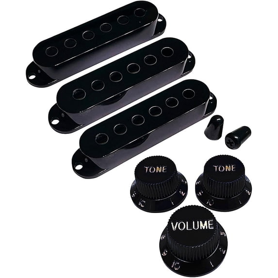 AxLabs Pickup Covers, Knobs, & Switch Tips Set for Strat-Style Guitars - Black, Modern (52mm / 50mm / 48mm) White Font