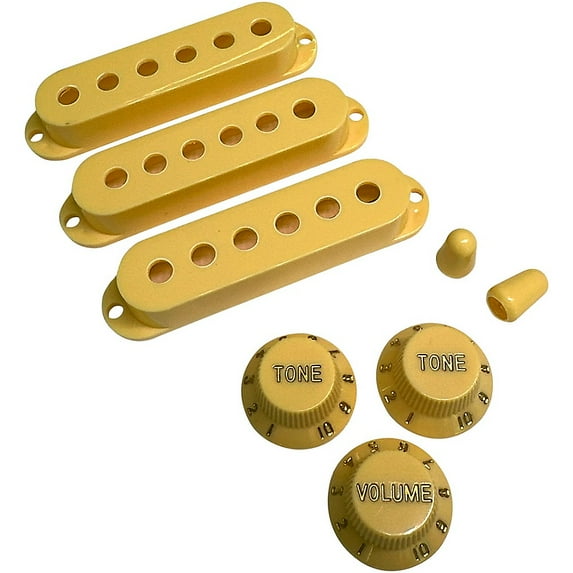 AxLabs Pickup Covers, Knobs, & Switch Tips Set for Strat-Style Guitars - Cream, Modern (52mm / 50mm / 48mm) Gold Font