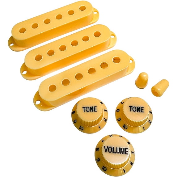 AxLabs Pickup Covers, Knobs, & Switch Tips Set for Strat-Style Guitars - Cream, Vintage (52 mm) Black Font