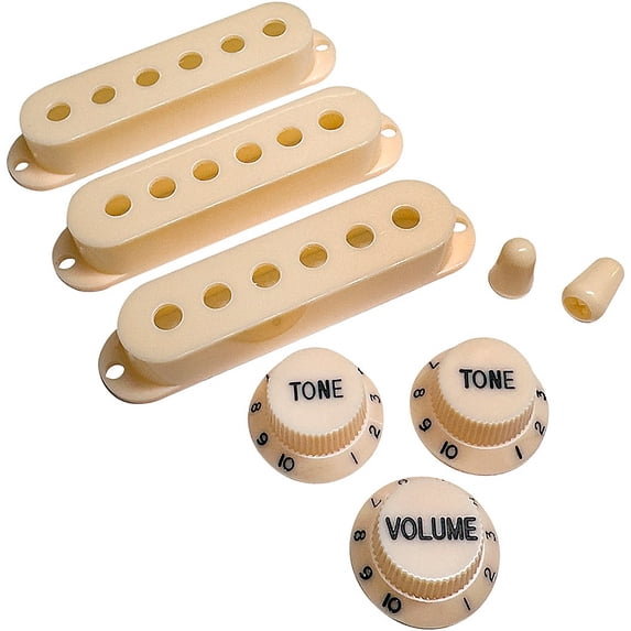 AxLabs Pickup Covers, Knobs, & Switch Tips Set for Strat-Style Guitars - Ivory, Modern (52mm / 50mm / 48mm) Black Font