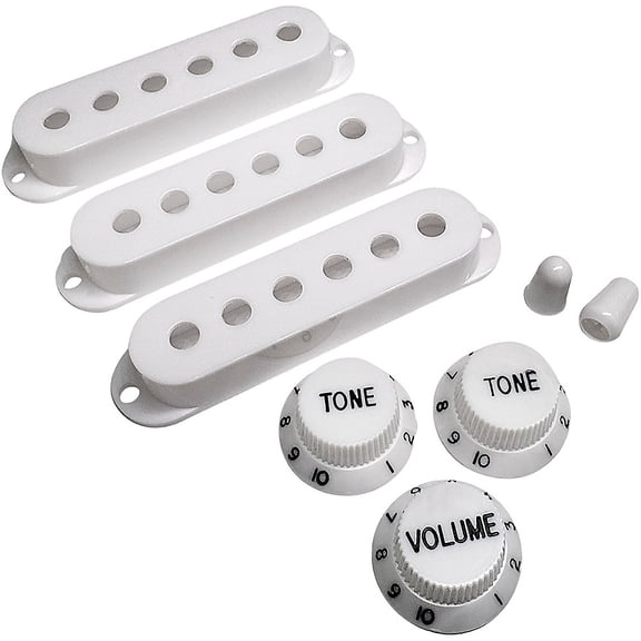 AxLabs Pickup Covers, Knobs, & Switch Tips Set for Strat-Style Guitars - White, Modern (52mm / 50mm / 48mm) Black Font