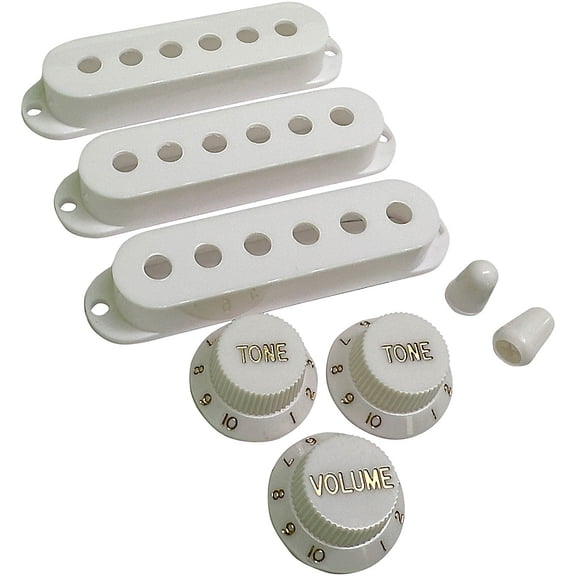 AxLabs Pickup Covers, Knobs, & Switch Tips Set for Strat-Style Guitars - White, Vintage (52 mm) Gold Font