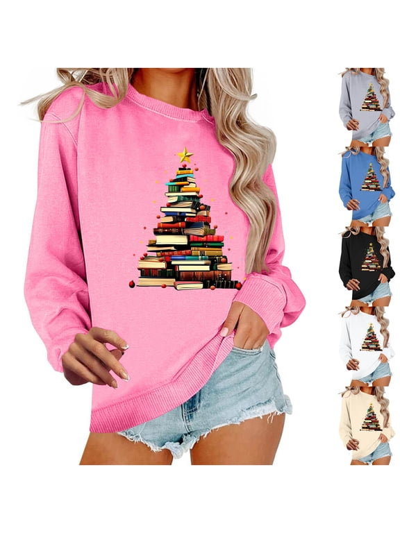Christmas Crew Neck Sweatshirt Women Funny Xmas Tree Print Long Sleeve Pullover Casual Loose Fit Winter Sweatshirt for Holiday Party Black M