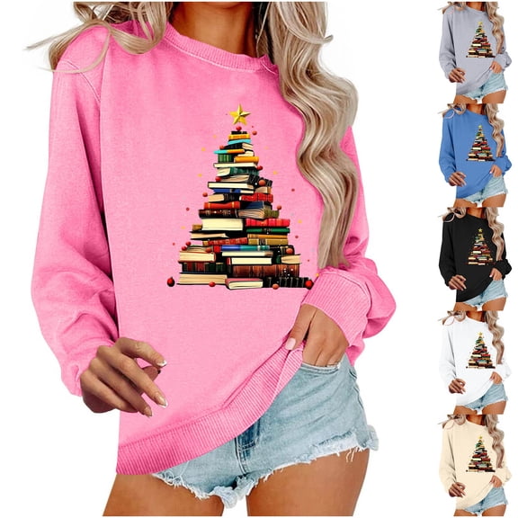 Axdhxbd Christmas Crew Neck Sweatshirt Women Funny Xmas Tree Print Long Sleeve Pullover Casual Loose Fit Winter Sweatshirt for Holiday Party Blue XS