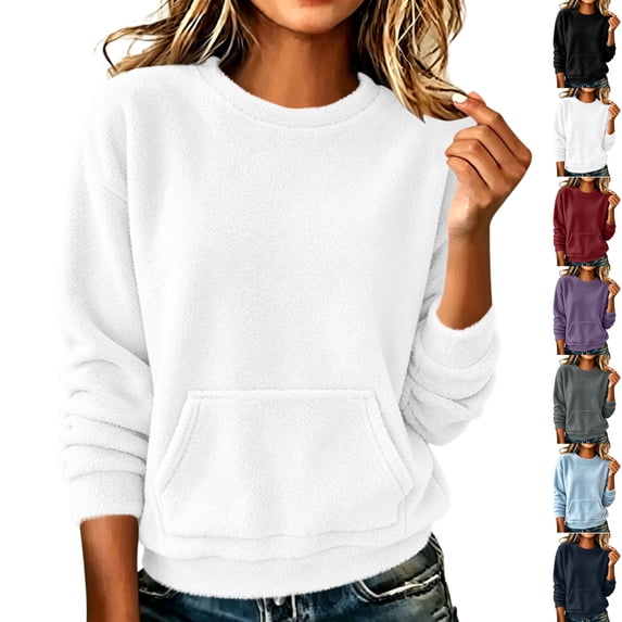 Axdhxbd Fuzzy Fleece Sweatshirts for Women Crew Neck Sweatshirt Solid Color Long Sleeve Pullover Tops Loose Casual Winter Warm Sweatshirt White L