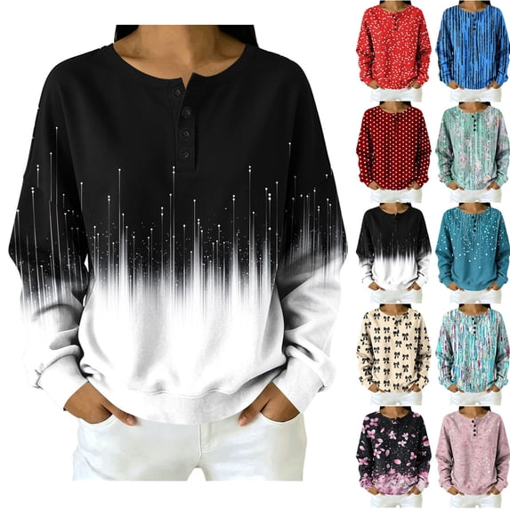 Axdhxbd Oversized Sweatshirts for Women Dressy Casual Button Up Crew Neck Pullover Tops Funny Graphic Sweatshirts Loose Drop Shoulder Sweatshirt Black L