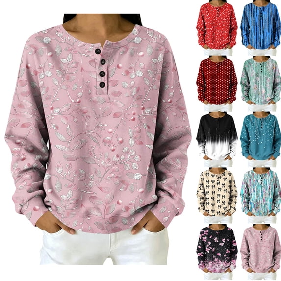 Axdhxbd Oversized Sweatshirts for Women Dressy Casual Button Up Crew Neck Pullover Tops Funny Graphic Sweatshirts Loose Drop Shoulder Sweatshirt Pink M