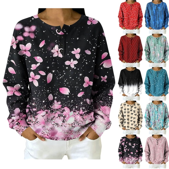 Axdhxbd Oversized Sweatshirts for Women Dressy Casual Button Up Crew Neck Pullover Tops Funny Graphic Sweatshirts Loose Drop Shoulder Sweatshirt Pink S
