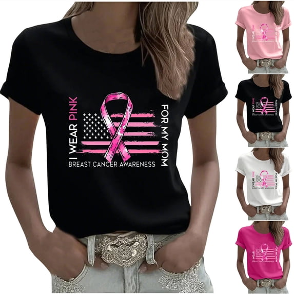 Axdhxbd Pink Ribbon Graphic Tees for Women Plus Size Breast Cancer Awareness Short Sleeve Shirts Soft Comfy Crew Neck Tshirts Holiday Tops White 4XL