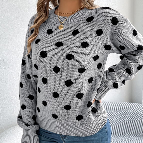 Axdhxbd Sweaters for Women Trendy Polka Dots Crew Neck Knit Pullover Long Sleeve Casual Knitwear Fall Winter Sweater L