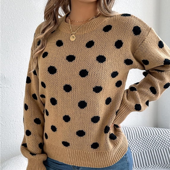 Axdhxbd Sweaters for Women Trendy Polka Dots Crew Neck Knit Pullover Long Sleeve Casual Knitwear Fall Winter Sweater M