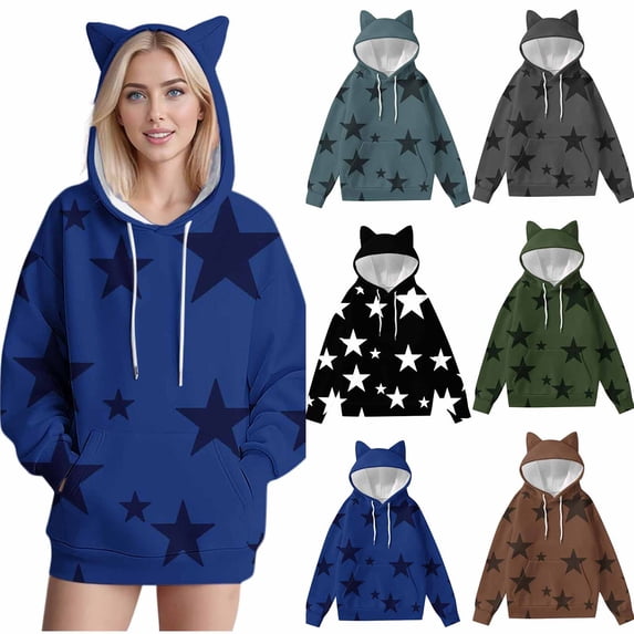 Axdhxbd Women's Cats Ear Hoodie Cute Stars Print Long Sleeve Pullover Tops Loose Casual Drop Shoulder Drawstring Hooded Sweatshirt with Pockets Coffee XL