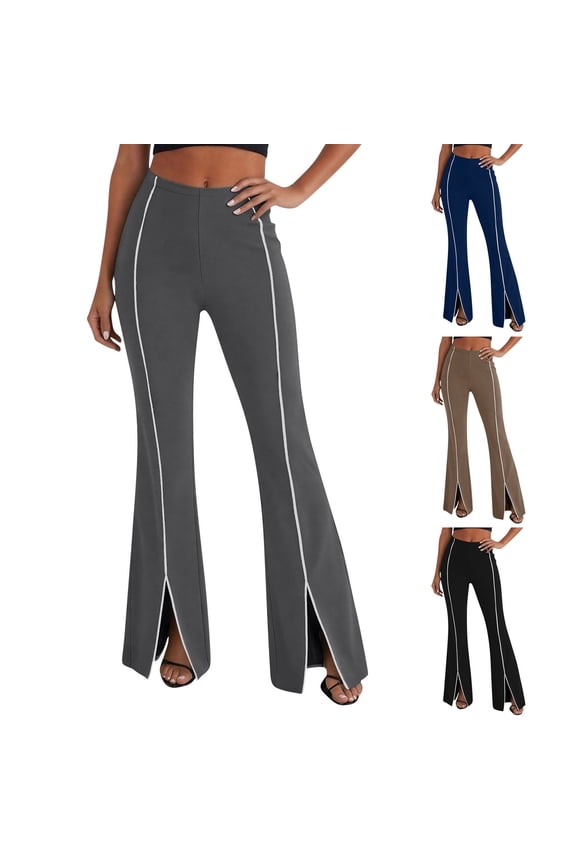 Women's Workout Flare Leggings Striped Front Split Hem Bell Bottom Pants High Waisted Tummy Control Yoga Pants Coffee S