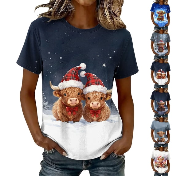 Axdhxbd Womens Christmas Shirt Cute Highland Cow Graphic Tees Xmas Short Sleeve Crew Neck Tshirts Plus Size Holiday Tops S-5XL