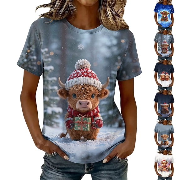 Axdhxbd Womens Christmas Shirt Cute Highland Cow Graphic Tees Xmas Short Sleeve Crew Neck Tshirts Plus Size Holiday Tops S-5XL