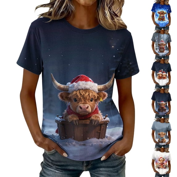 Axdhxbd Womens Christmas Shirt Cute Highland Cow Graphic Tees Xmas Short Sleeve Crew Neck Tshirts Plus Size Holiday Tops S-5XL
