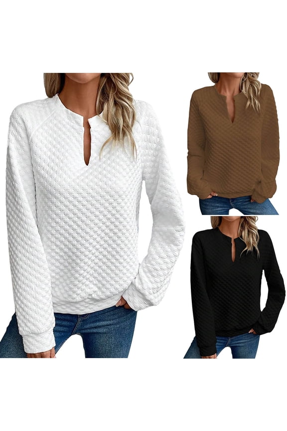 Womens Textured Sweatshirt Notch V Neck Pullover Tops Solid Color Long Sleeve Sweatshirts Loose Casual Fall Winter Going Out Sweat Shirts White M