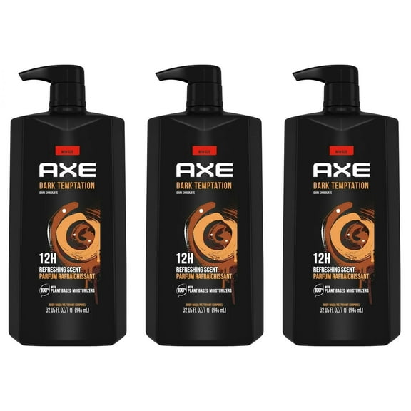 Axe Dark Temptation Body Wash for Men w/Pump Dark Chocolate Scent, 32 oz 1L- 3 Pack