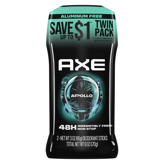 Axe Deodorant Stick For Long Lasting Odor Protection, Aluminum Free Apollo Sage & Cedarwood Men's Deodorant, 3 oz Twin