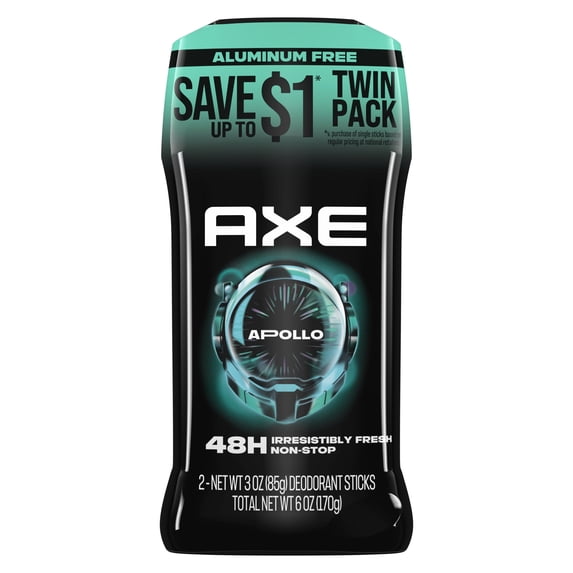 Axe Deodorant Stick For Long Lasting Odor Protection, Aluminum Free Apollo Sage & Cedarwood Men's Deodorant, 3 oz Twin