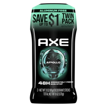 Axe Apollo Long Lasting Men's Deodorant Stick Twin Pack, Sage and Cedarwood, 3 oz