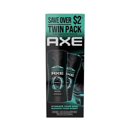 AXE Body Wash For Long Lasting Freshness Apollo Sage & Cedarwood Men's Body Wash With Odor-Busting Prebiotics ,16 fl oz Twin Pack