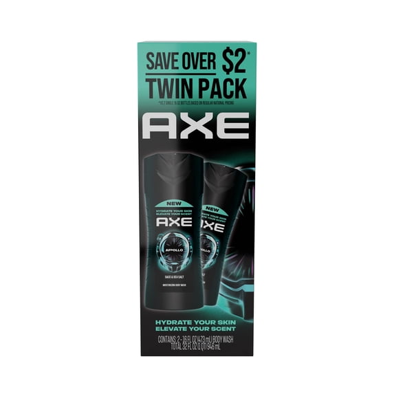 AXE Body Wash for Long Lasting Freshness Apollo Sage & Cedarwood Men's Body Wash with Odor-Busting Prebiotics, 16 Fl oz Twin Pack