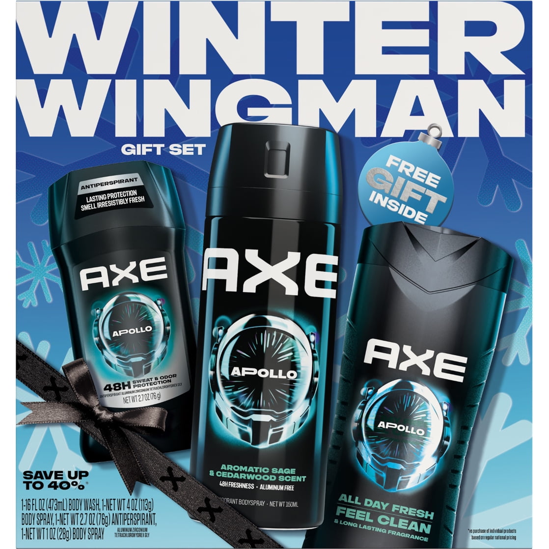 Walmart Deals of AXE Winter Wingman Apollo Gift Set Body Wash, Deodorant Spray & Antiperspirant Stick, 3 Count
