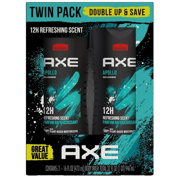 Axe Body Wash For Long Lasting Freshness Apollo Sage & Cedarwood With Odor-Busting Prebiotics 16 Oz Twin Pack