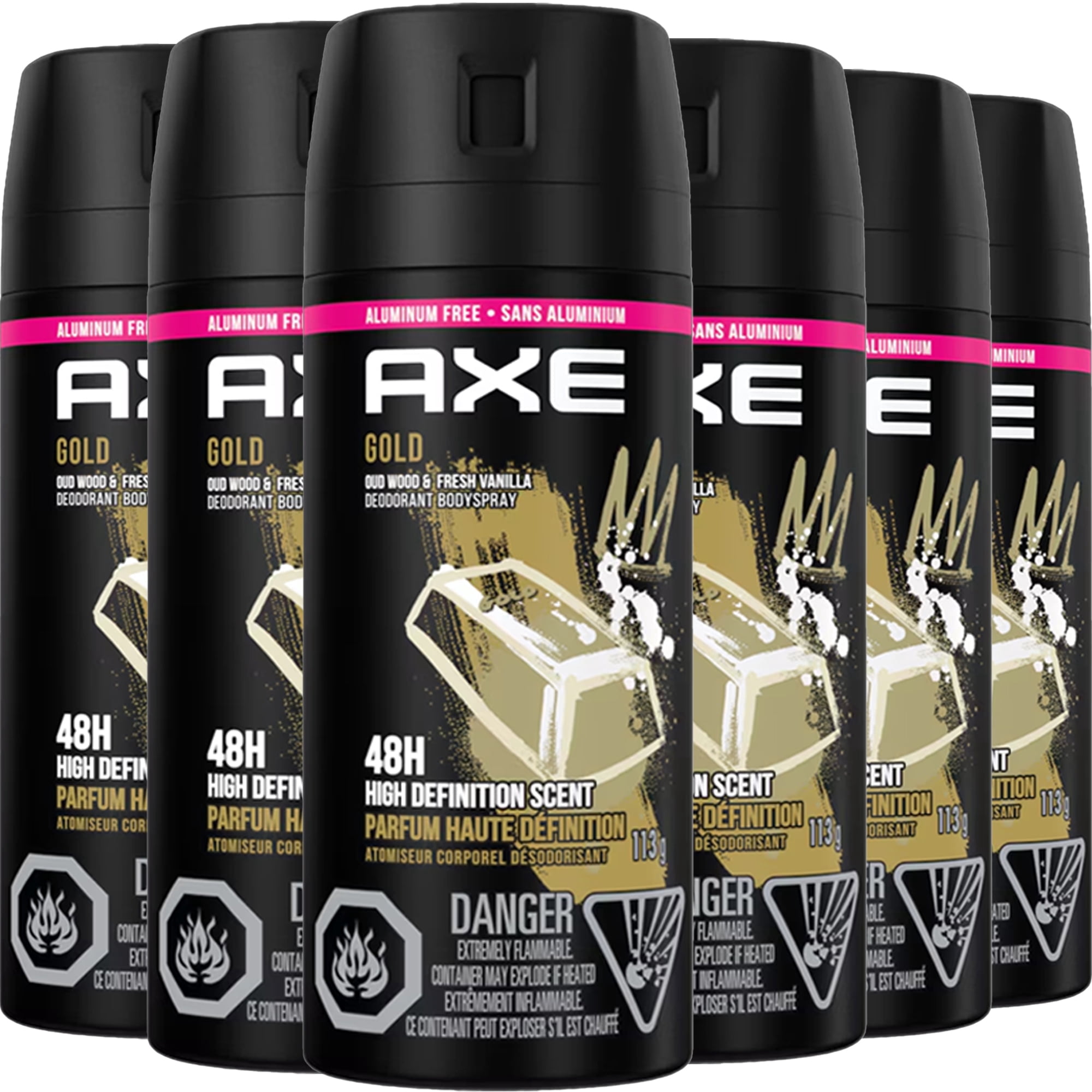 Axe GOLD WOOD and VANILLA Body Spray Deodorant. 48 HOUR ODOR PROTECTION Energized & Fresh 5 Oz. Each (PACK OF 6 )