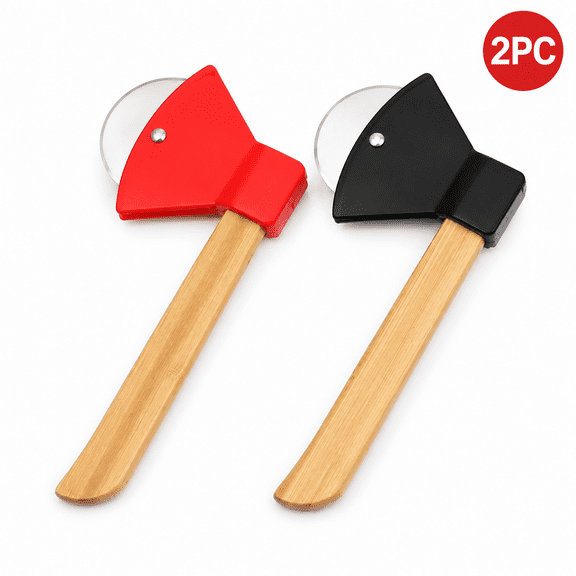 Axe-Shaped Bamboo Handle Pizza Cutter Wheel 2-Pack, Stainless Steel 430 Rotary Kitchen Slicer Tool for Pizza, Pancake, and Flatbread Cutting, Creative Kitchen Gadget for Home Use