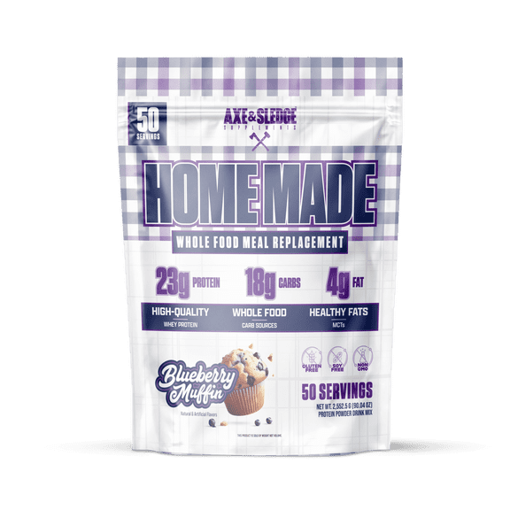Axe & Sledge Home Made Whole-Foods-Based Meal Replacement Powder | 48g Protein | Digestive Enzymes & Fiber, Non-GMO | Premium Ingredients | Protein Powder for Bulking | 25 Servings, Blueberry Muffin