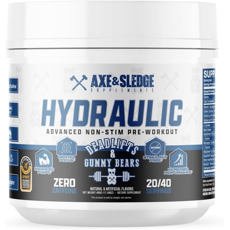 Axe & Sledge Hydraulic Stim-Free Pre-Workout Powder for Men & Women | Performance, Stamina, Focus, Pumps | L-Citrulline, Beta Alanine, Creatine, Caffeine-Free, Deadlifts & Gummy Bears