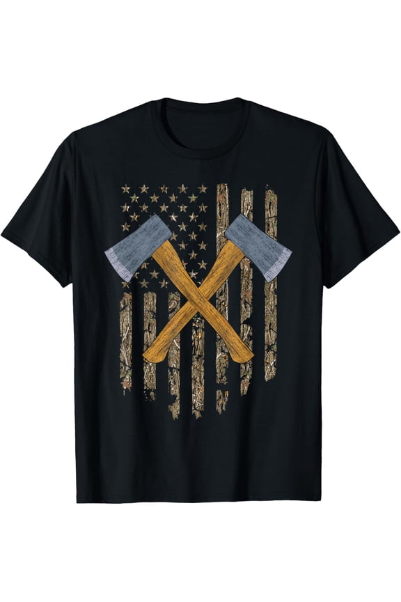Axe Throwing Hatchets American Flag Tree Camouflage Vintage T-ShirtMen and women, Black T-shirt, size: Extra large